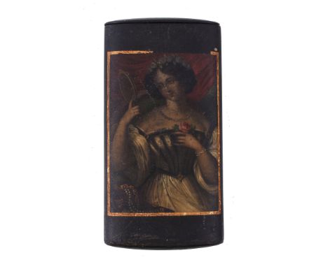  A Stobwasser lacquer rectangular cigar case,   circa 1820, painted   Stobwasser Fabrik in Braunschweig   and indistinctly ti