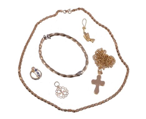  A gold coloured fancy link necklace,   stamped 14, 45cm long; a sprung bangle stamped 375; a gold coloured cross pendant, on