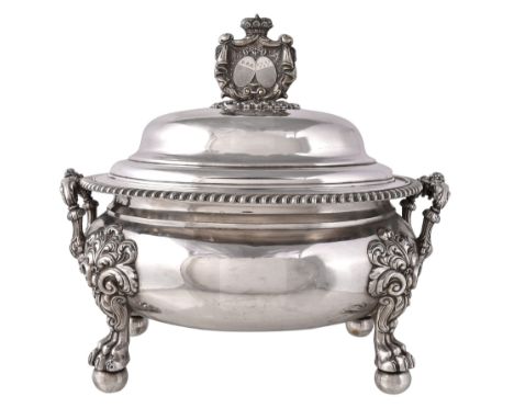  A transitional electro-plated oval soup tureen, cover and finial,   unmarked, circa 1850, the finial formed with  two  oval 