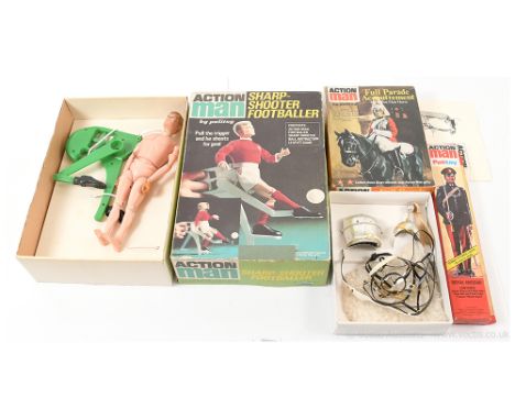 Palitoy Action Man Vintage a mixed group (1) Sharpshooter Footballer comprising green plastic accessory and a undressed flock