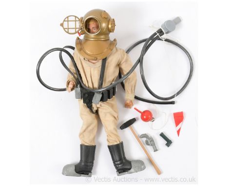 Palitoy Action Man Vintage Deep Sea Diver flock head figure with white fabric suit, diving helmet, weighted boots, oxygen pum