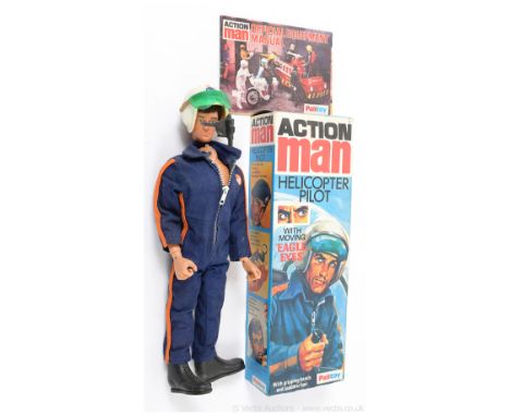 Palitoy Action Man Vintage Helicopter Pilot - flock head figure with moving Eagle Eyes, gripping hands, suit, helmet and viso