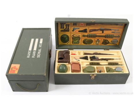 Action Man wooden Ammunition and Accessories box - dark green wood with printed top, card printed inlay and plastic tray with