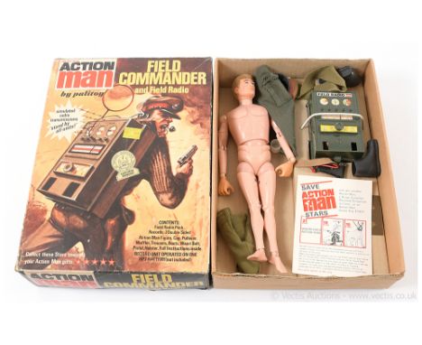 Palitoy Action Man Vintage Field Commander and Field Radio comprising flock head figure with gripping hands, field radio, uni