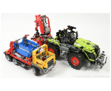 Lego Technic unboxed pair (1) 42054 Claas Xerion 5000 Tractor - appears to be missing part of cab, (2) Skip Truck unboxed - G