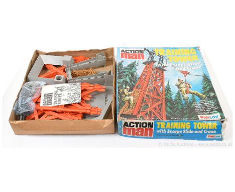 Palitoy Action Man Vintage Training Tower with escape slide and crane with orange and grey plastic parts, various netting and