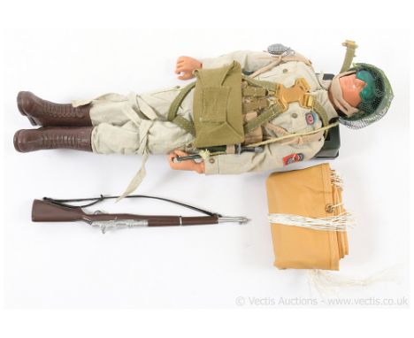 Palitoy Action Man Vintage US Airborne Division - Eagle Eye figure with gripping hands, light green jumpsuit, parachute, weap