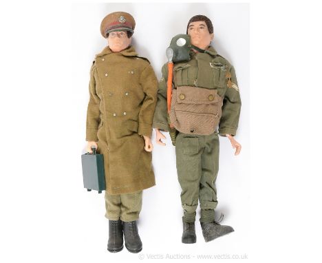 Palitoy Action Man Vintage pair of Military figures (1) flock head with firm hands, Infantry man with 2-part uniform, bag, ga
