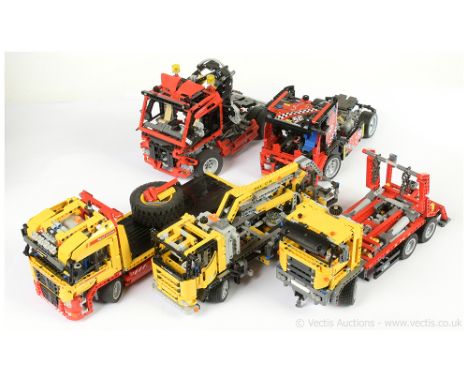 Lego Technic unboxed group of vehicles including Flatbed Recovery Truck, 8293 Cherry Picker, Skip Truck, Hi-Hab Tractor Unit 