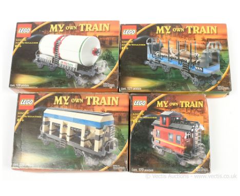 Lego My Own Train boxed group (1) 10014 Caboose, (2) 10017 Hopper Wagon, (3) 10016 Octan Tanker (box has been opened), (4) 10