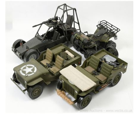 A mixed group of 1/6th scale and similar vehicles including Action Man or similar Quad Bike in military livery, also modern S