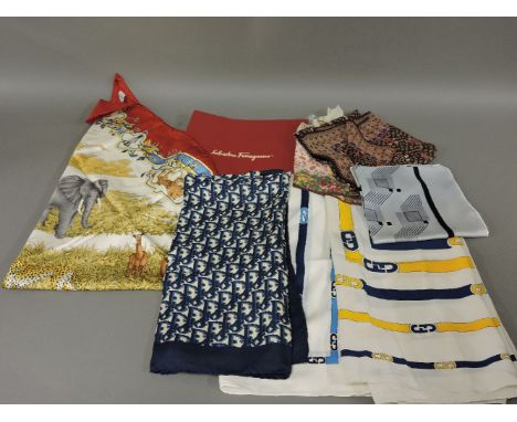 Three Salvatore Ferragamo silk scarves,including a boxed example,a Christian Dior silk scarf, anda collection of other silk s
