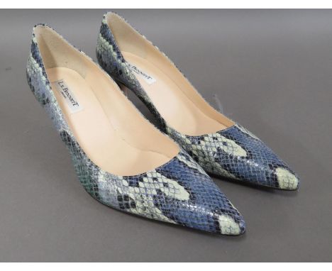 A pair of L K Bennett of London blue/grey snakeskin style leather court shoes,size 40, in original bag