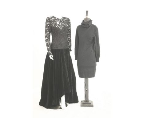 A Caroline Charles black cotton jacket,with mother-of-pearl button,a Bruce Oldfield ball dress,lace and beaded bodice with bl