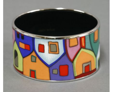 An enamel wide 'Houses' bangle,by Frey Wille, with polychrome enamel houses in two rows
