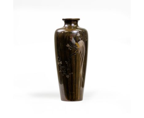 A Japanese silver- and gold-inlaid bronze baluster vaseMeiji period, signed to baseThe tapering shoulder incised and inlaid w