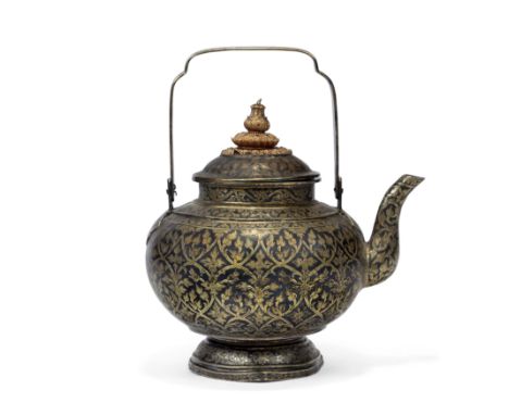 A Thai gilt-silver nielloware teapot and cover, kar-nam-ton19th centuryThe globular vessel with S-shaped spout and niche-form