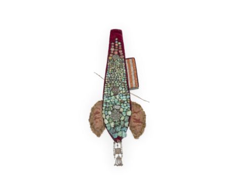 A Tibetan turquoise, coral, seed pearl and agate-inset headdress19th centuryThe long velvet cloth sewn with various hardstone