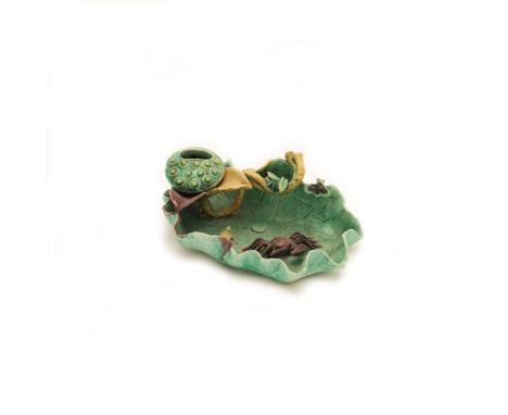 A Chinese famille verte on biscuit crab and lotus water pot and brush washerQing dynasty, Kangxi periodFormed as a finely det