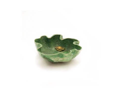 A Chinese famille verte on biscuit 'lotus and crab' brushwasherQing dynasty, Kangxi periodFormed as a finely detailed lotus l