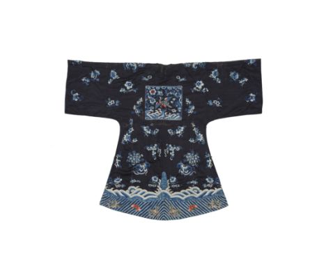 A Chinese black-ground embroidered silk jacketLate Qing dynastyWith side fastening, embroidered to the chest with a rank badg