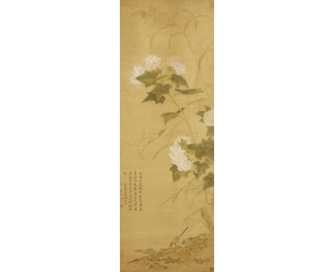 Chinese school. 19th / 20th century'Peonies' after Yun Shouping, painted with ink and colour on silk, mounted as a hanging sc