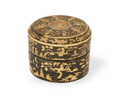 A Vietnamese Imperial gold and silver inlaid 'Eight Immortals' cylindrical tea box and coverNguyen dynasty, 19th centuryFinel