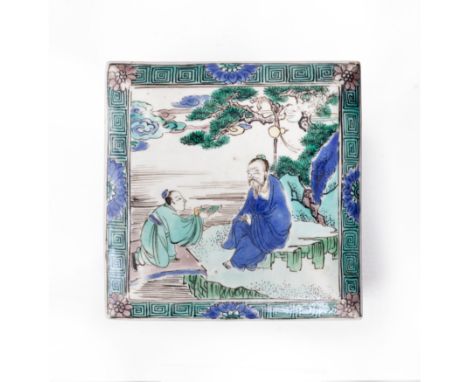 A Chinese famille verte square box and coverQing dynasty, Kangxi periodPainted to the cover with Li Tieguai and an attendant,