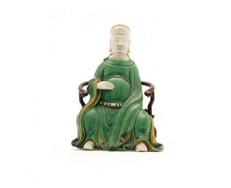 A Chinese famille verte on biscuit figure of WenchangQing dynasty, Kangxi periodThe god of literature finely modelled seated 
