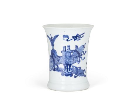 A Chinese blue and white 'hundred antiques'  brush potQing dynasty, Kangxi period with apocryphal Jiajing markThe elegantly w