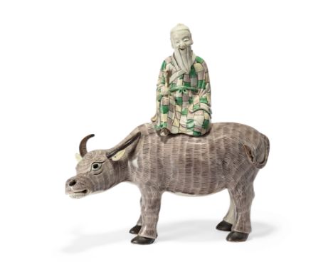 A large Chinese famille verte on biscuit 'Laozi' incense burnerQing dynasty, Kangxi periodModelled as Laozi wearing a brightl