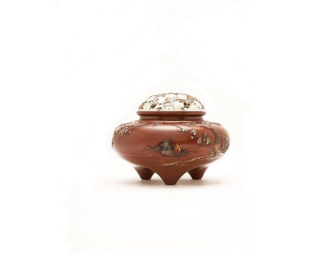 A Japanese silver and shakudo-inlaid copper tripod incense burner, koroMeiji period, signed Ichiyosai AtsuteruThe copper comp