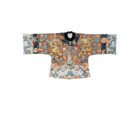 A Chinese chestnut-ground embroidered silk 'dragon' child's jacketLate Qing dynastyEmbroidered in counted stitch and gold- an