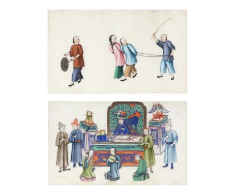 Chinese Guangdong (Canton) School, 19th century'Court Scene' and 'Punishment'Gouache on pith paper, two paintings mounted, fr