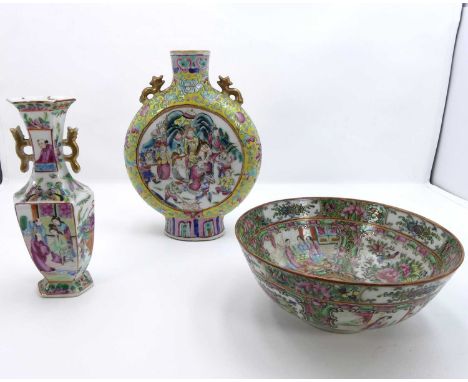 A Chinese porcelain moon flask, enamel decorated with scholars and warriors within a circular cartouche, enamel decorated wit
