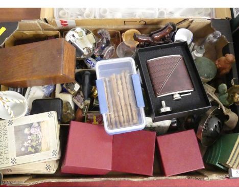 A collection of miscellaneous items to include lace bobbins, leather clad hip flask, gramophone needles, and glass figures of