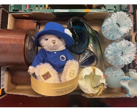 A box containing a boxed Merrythought teddy-bear from The Royal Bear Collection, mantel clock, and art glass etc 