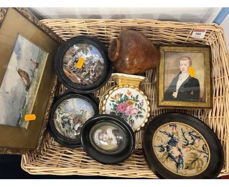 A collection of miscellaneous items to include portrait miniatures, Prattware pot lids and a print 