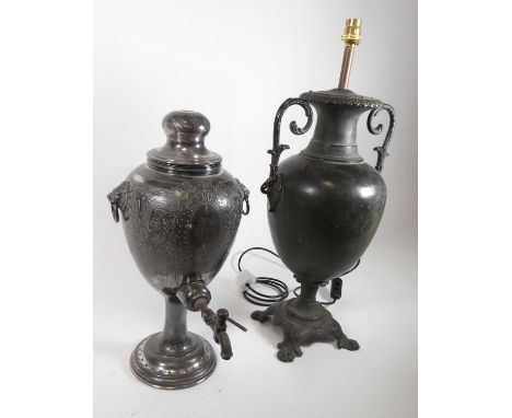 A Victorian silver plated samovar, of urn form, flanked by lion mask ring handles, h.43cm; together with a table lamp in the 