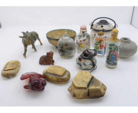 A collection of Oriental items to include white metal mounted hardstone bowl, Peking style glass snuff bottle, and a carved w
