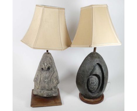 A bronzed resin table lamp, of abstract form, h.58cm (including shade); together with another (2)Lamps sold untested.Bird-lik