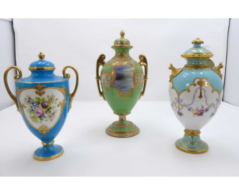A Mintons porcelain urn and cover having a floral painted decoration within a gilt cartouche on a blue ground, height 18cm, t