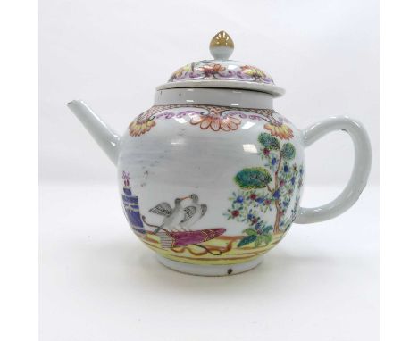 An 18th century Chinese export porcelain teapot, enamel decorated with birds within a landscape, h.16.5cmChips/crack to spout
