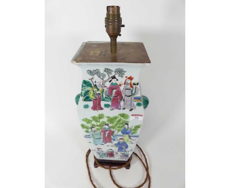 A Chinese porcelain table lamp, of square section, flanked by guardian dog ring handles, h.53cm (including fittings)