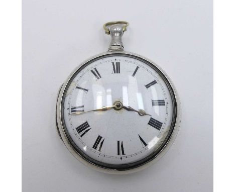 Jonathan Mulgrave of London - a George III silver pair cased pocket watch, having convex white enamel Roman dial, chain drive