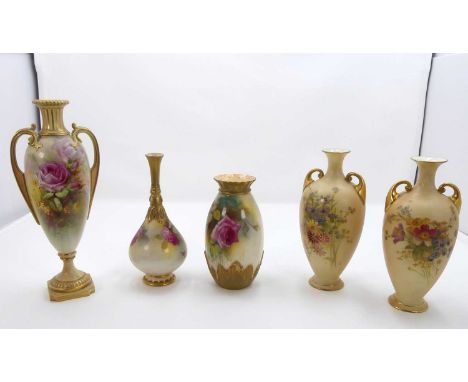 A Royal Worcester blush ivory vase, hand painted with flowers, shape 1957, puce mark to the underside, height 22cm, together 