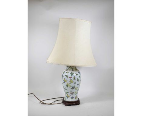 A porcelain table lamp, enamel decorated with butterflies, h.45cm (excluding fittings)