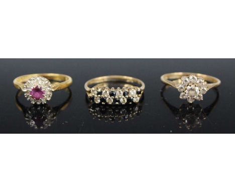 A modern 9ct gold, blue and white sapphire set half-hoop ring, size M; together with a 9ct gold cz set flower head cluster ri