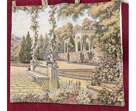 A French woolwork tapestry depicting a terrace before a lake, 70x160cm