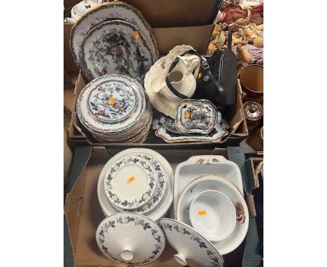 Two boxes of ceramics, to include a Royal Doulton Burgundy part dinner service, and Ashworth Brothers 19th century dinnerware